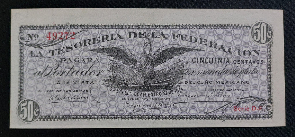 Billete 50 Centavos Tesorería de la Federación (Saltillo, Coahuila 1914) Sin Circular UNC