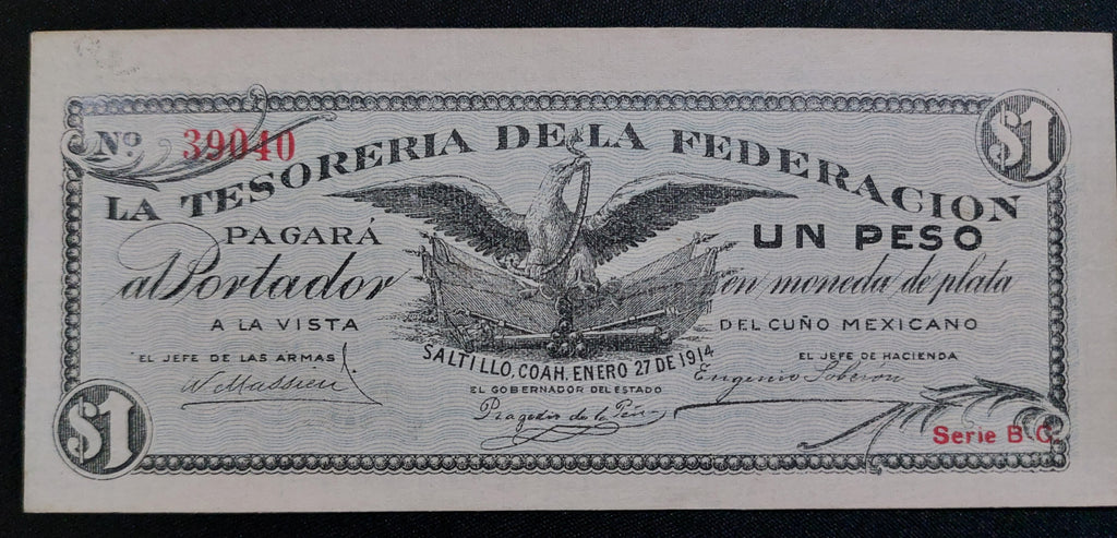 Billete 1 Peso Tesorería de la Federación (Saltillo, Coahuila 1914) Sin Circular UNC