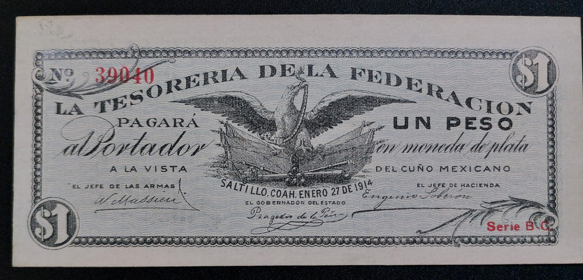 Billete 1 Peso Tesorería de la Federación (Saltillo, Coahuila 1914) Sin Circular UNC