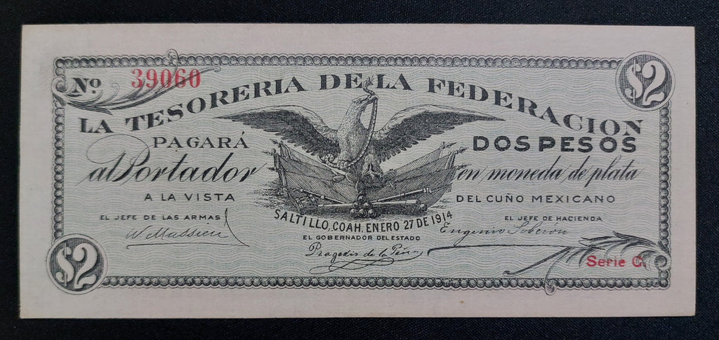 Billete 2 Pesos Tesorería de la Federación (Saltillo, Coahuila 1914) Sin Circular UNC