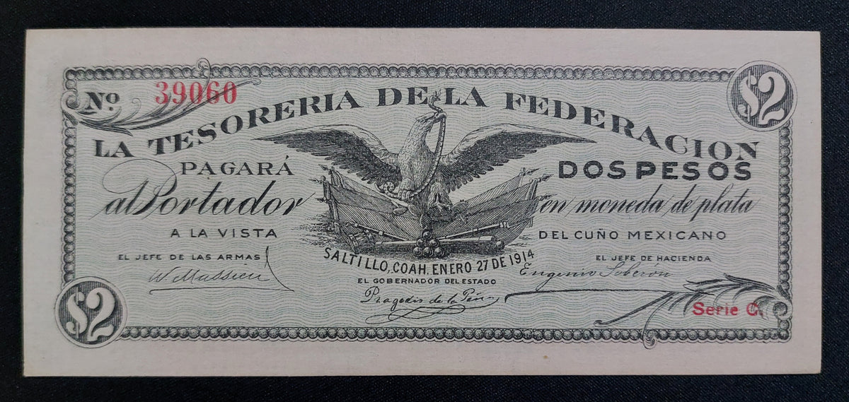 Billete 2 Pesos Tesorería de la Federación (Saltillo, Coahuila 1914) Sin Circular UNC