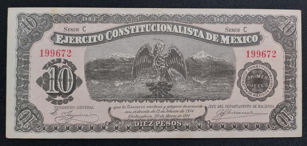 Billete 10 Pesos Ejército Constitucionalista de México (Chihuahua 1914) Casi Sin Circular AU