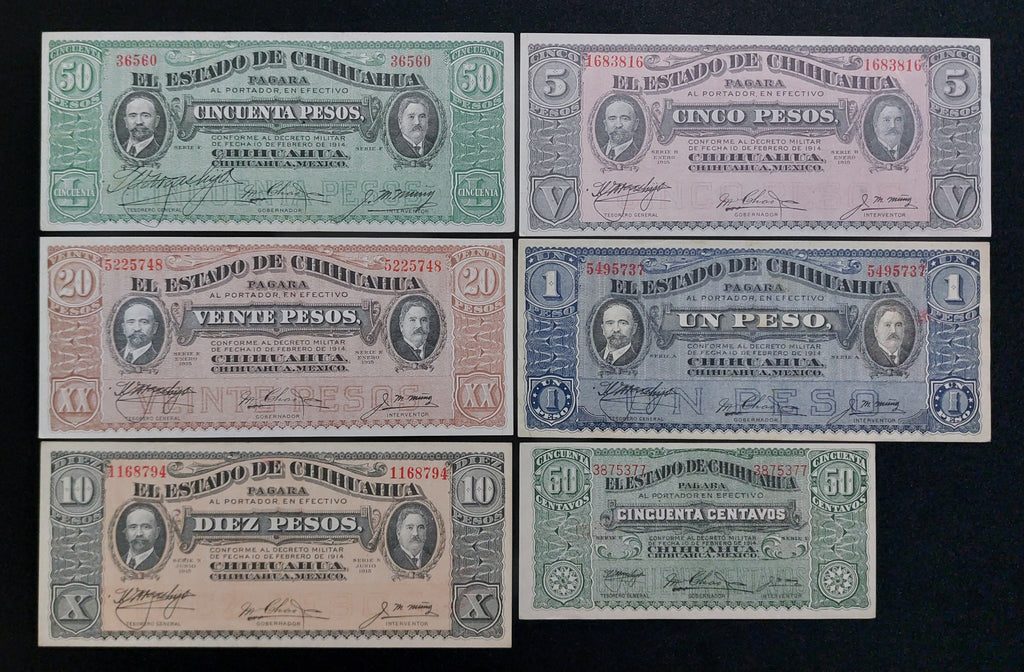 Colección Serie Completa Billetes de Chihuahua "Sábanas de Villa" (1914-1915) UNC / AU