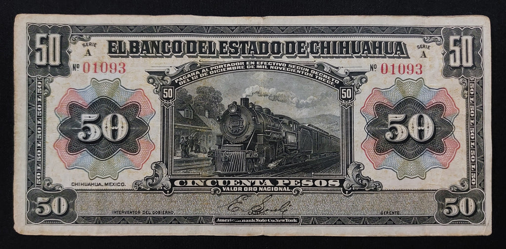 Billete 50 Pesos Banco del Estado de Chihuahua 1913 Locomotora Vapor