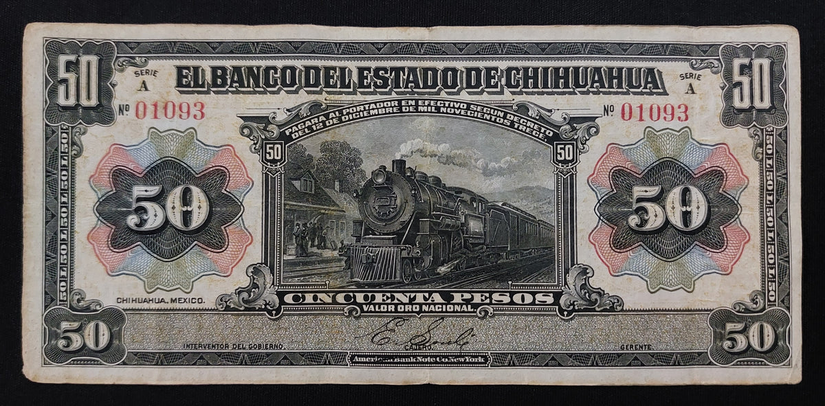 Billete 50 Pesos Banco del Estado de Chihuahua 1913 Locomotora Vapor