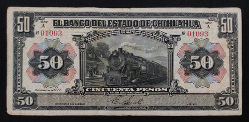 Billete 50 Pesos Banco del Estado de Chihuahua 1913 Locomotora Vapor
