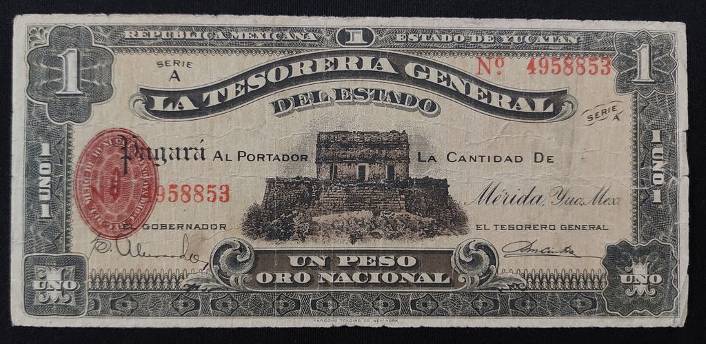 Billete de 1 Peso La Tesorería General del Estado de Yucatán 1916