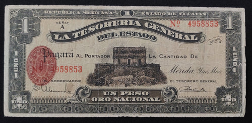 Billete de 1 Peso La Tesorería General del Estado de Yucatán 1916