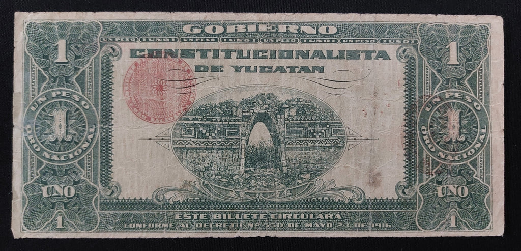 Billete de 1 Peso La Tesorería General del Estado de Yucatán 1916