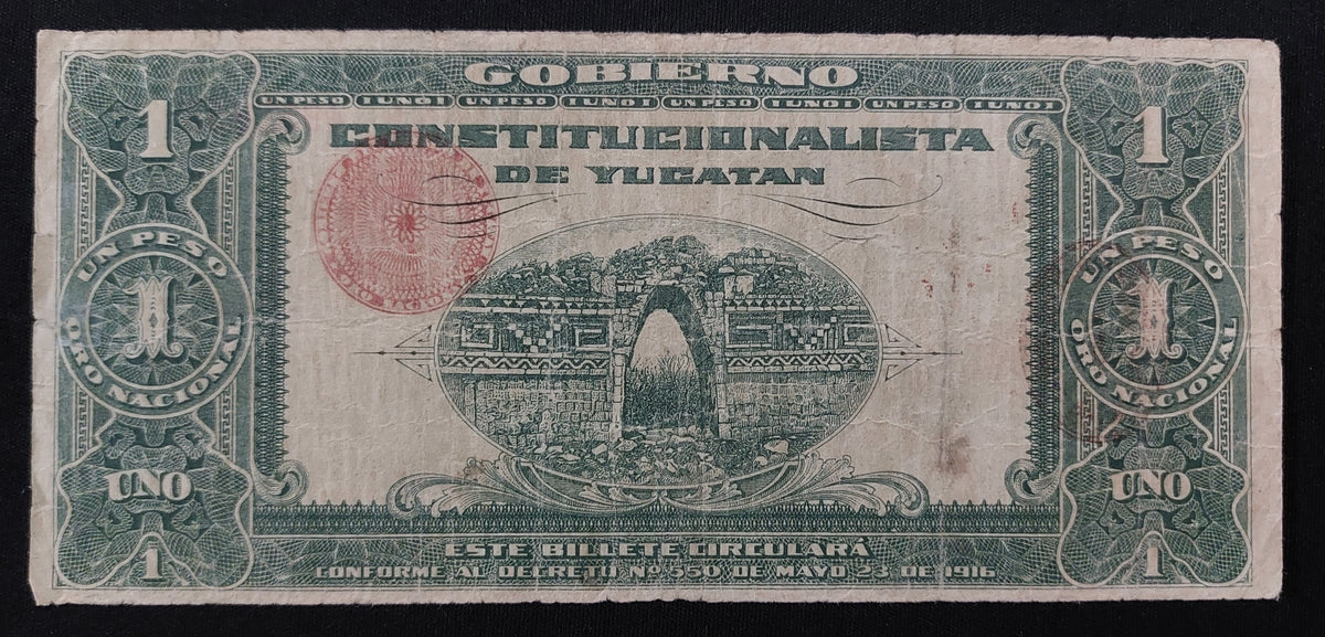 Billete de 1 Peso La Tesorería General del Estado de Yucatán 1916