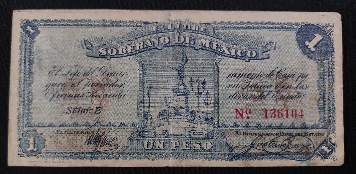 Billete 1 Un Peso Estado Libre y Soberano de México Toluca 1915