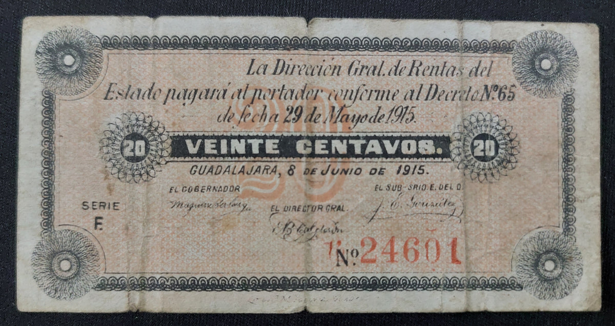 Billete Dirección Gral. de Rentas del Estado Jalisco Veinte Centavos Guadalajara 1915