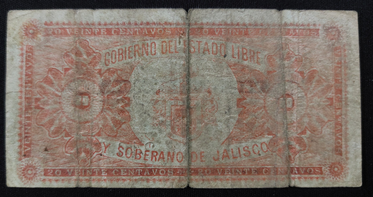 Billete Dirección Gral. de Rentas del Estado Jalisco Veinte Centavos Guadalajara 1915