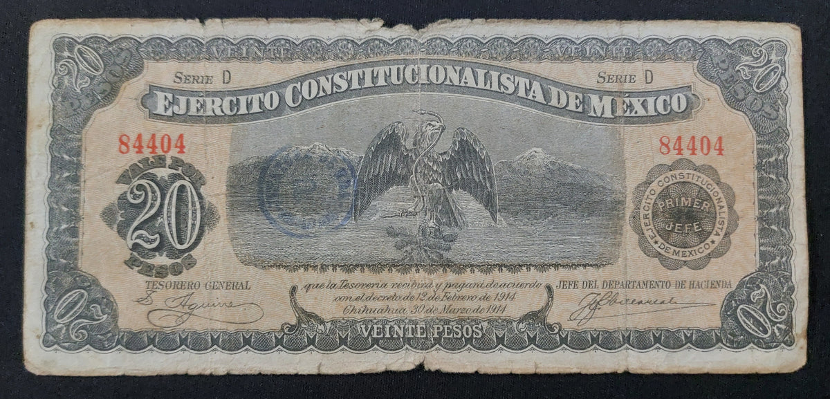 Billete Ejército Constitucionalista de México 20 Pesos Chihuahua 1914