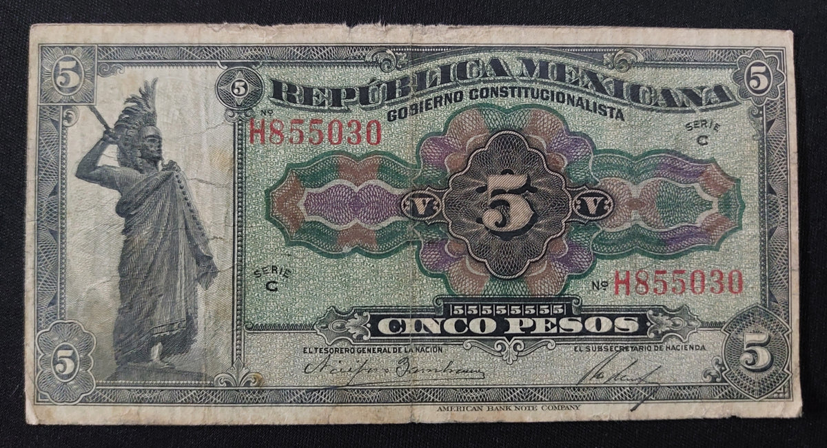 Billete 5 Cinco Pesos República Mexicana Cuauhtémoc 1915