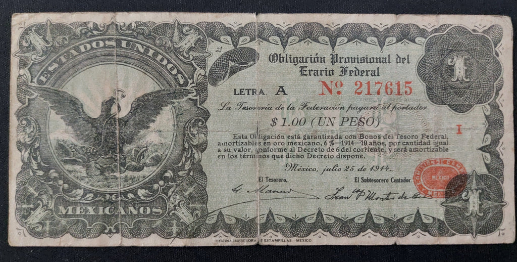 Billete 1 Peso Obligacion Provisional Erario Federal 1914