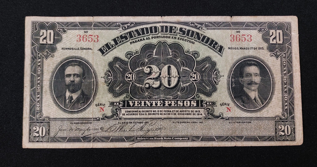 Billete 20 Pesos Estado de Sonora 1915