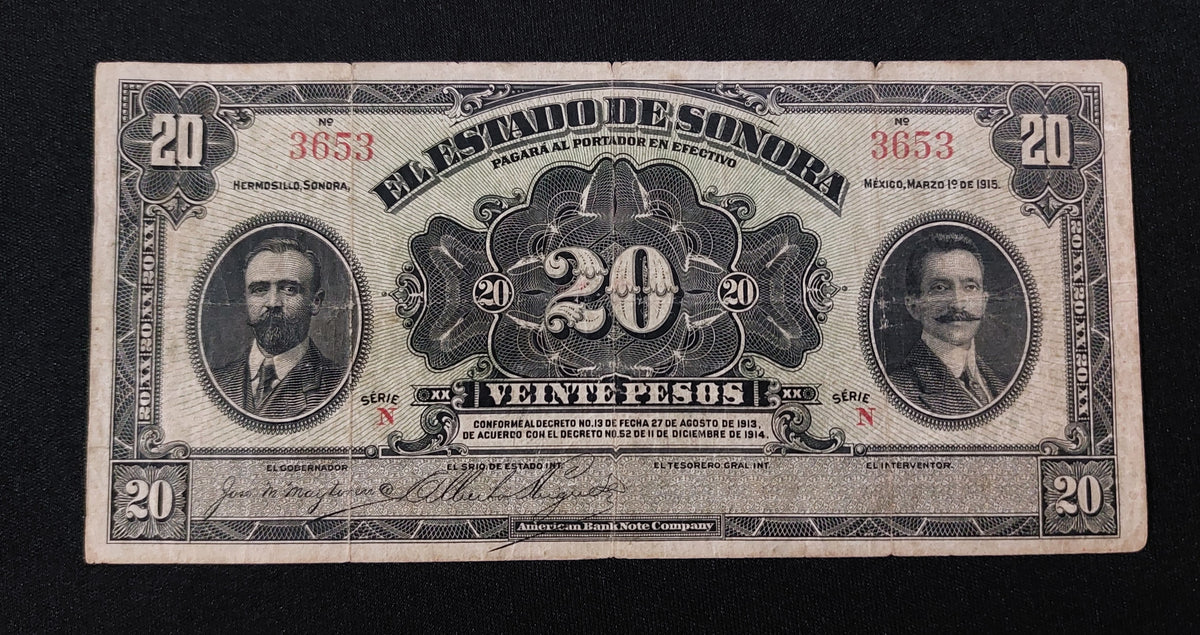 Billete 20 Pesos Estado de Sonora 1915