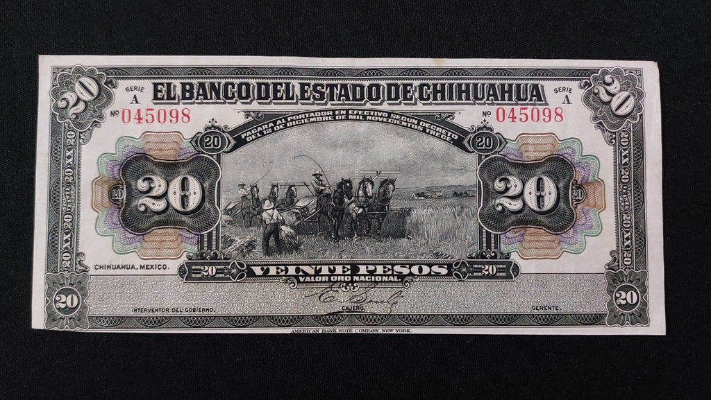 Billete 20 Pesos Banco del Estado de Chihuahua 1913