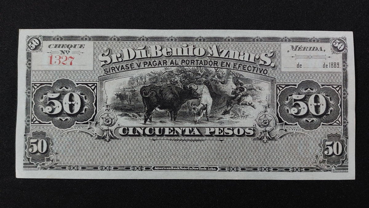 Cheque 50 Pesos Sr D Benito Aznar S Mérida 1889 Sin Circular UNC