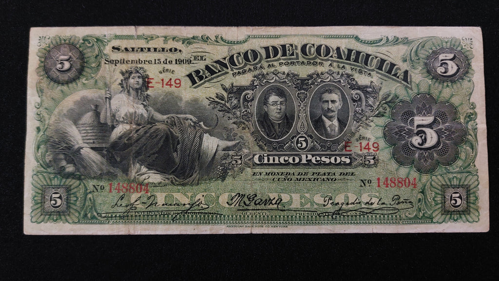 Billete 5 Pesos Banco de Coahuila Saltillo 1909