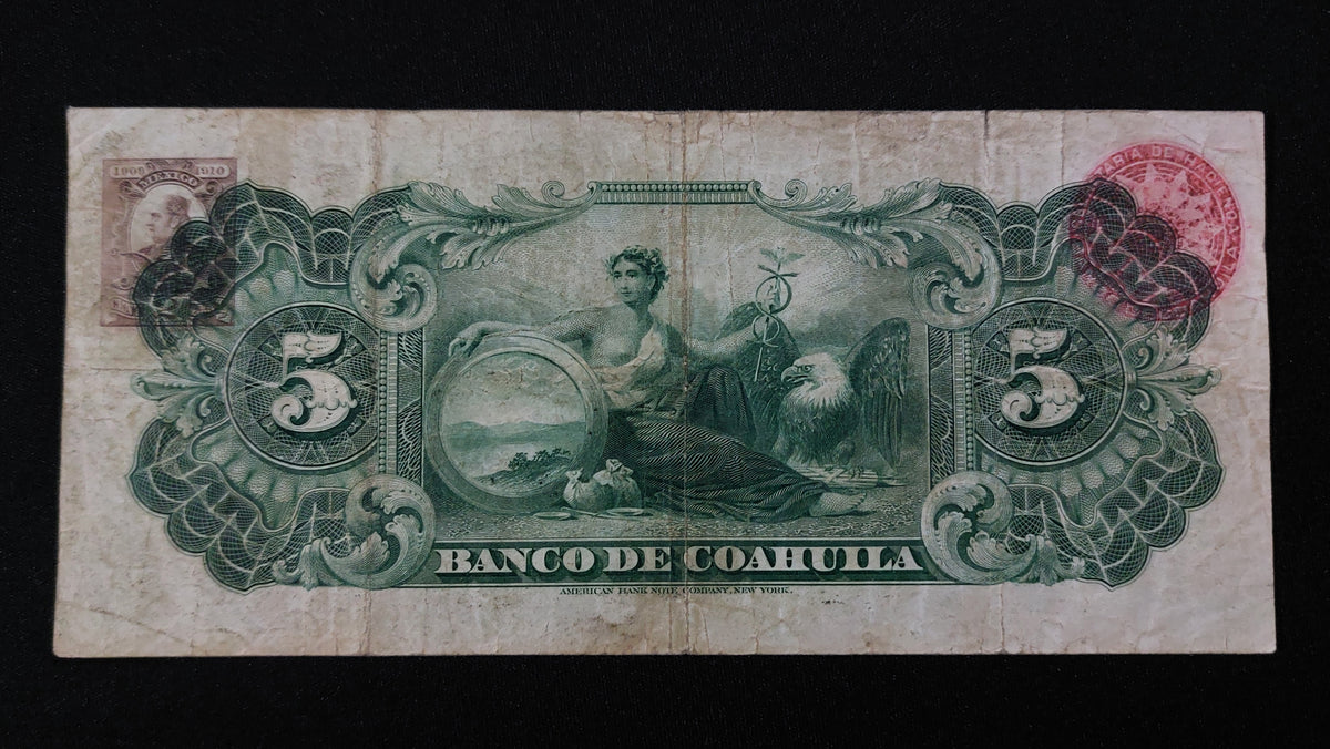 Billete 5 Pesos Banco de Coahuila Saltillo 1909