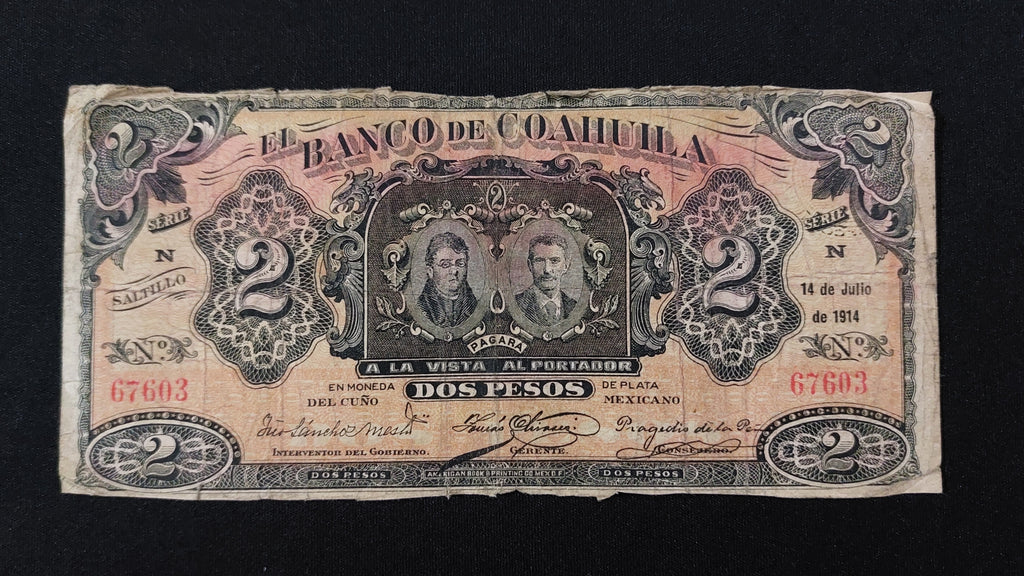 Billete 2 Pesos Banco de Coahuila Saltillo 1914