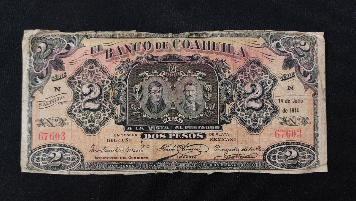 Billete 2 Pesos Banco de Coahuila Saltillo 1914