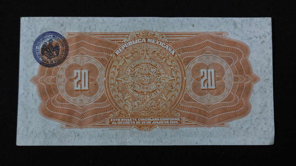 Billete 20 Pesos Republica Mexicana Gobierno Constitucionalista 1915 Sin Circular UNC