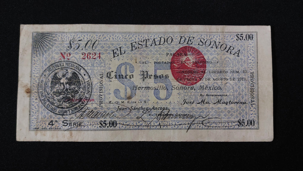 Billete 5 Pesos Estado de Sonora Hermosillo 1913