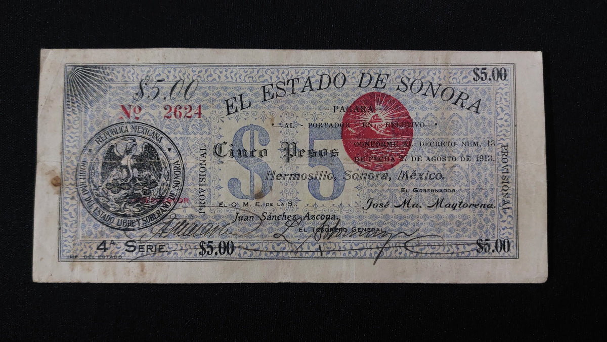 Billete 5 Pesos Estado de Sonora Hermosillo 1913