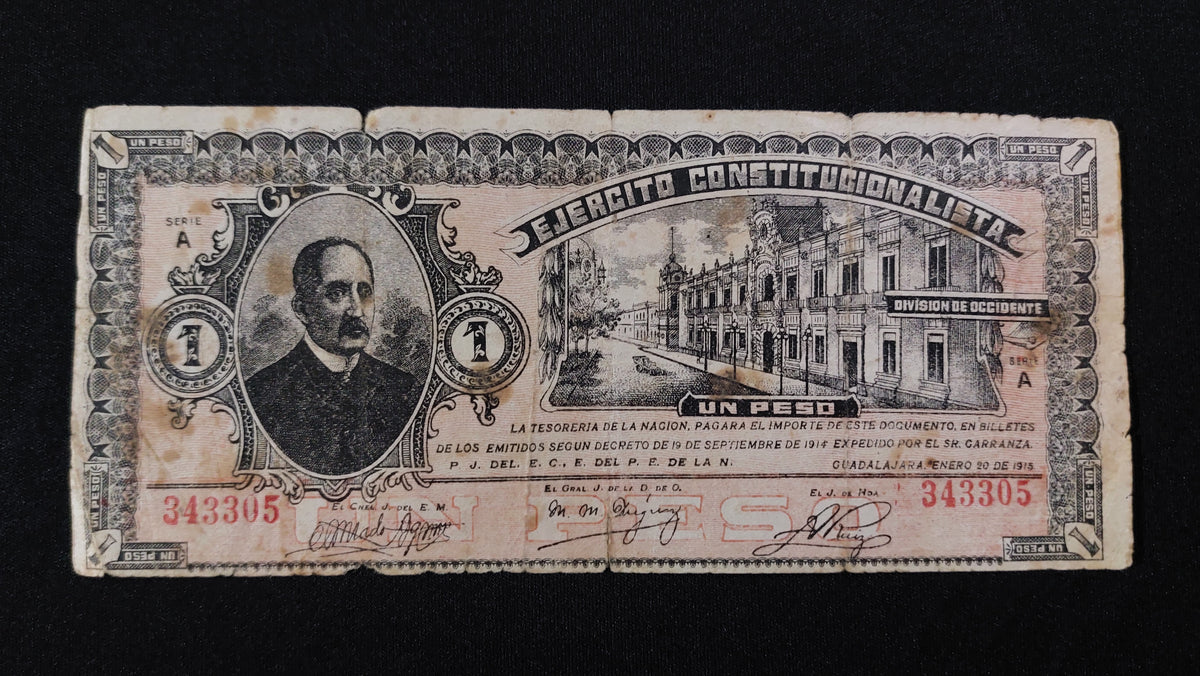 Billete 1 Peso Ejercito Constitucionalista Division de Occidente Guadalajara 1915