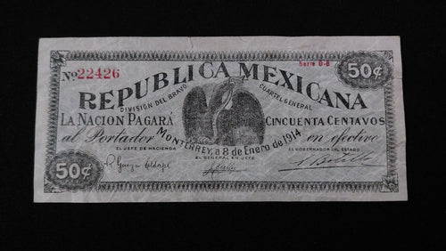 Billete 50 Centavos Republica Mexicana Monterrey 1914