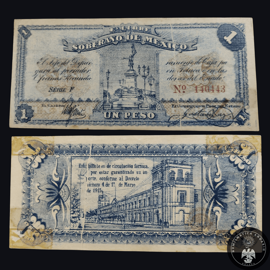 Billete 1 Un Peso Estado Libre y Soberano de México Toluca 1915
