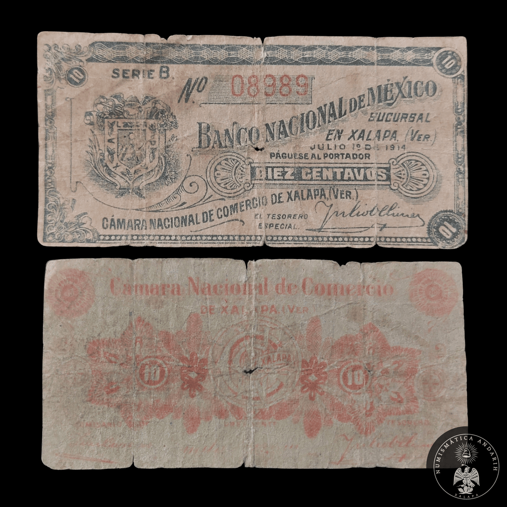 Billete 10 Diez Centavos Banco Nacional de México Sucursal en Xalapa Ver. 1914