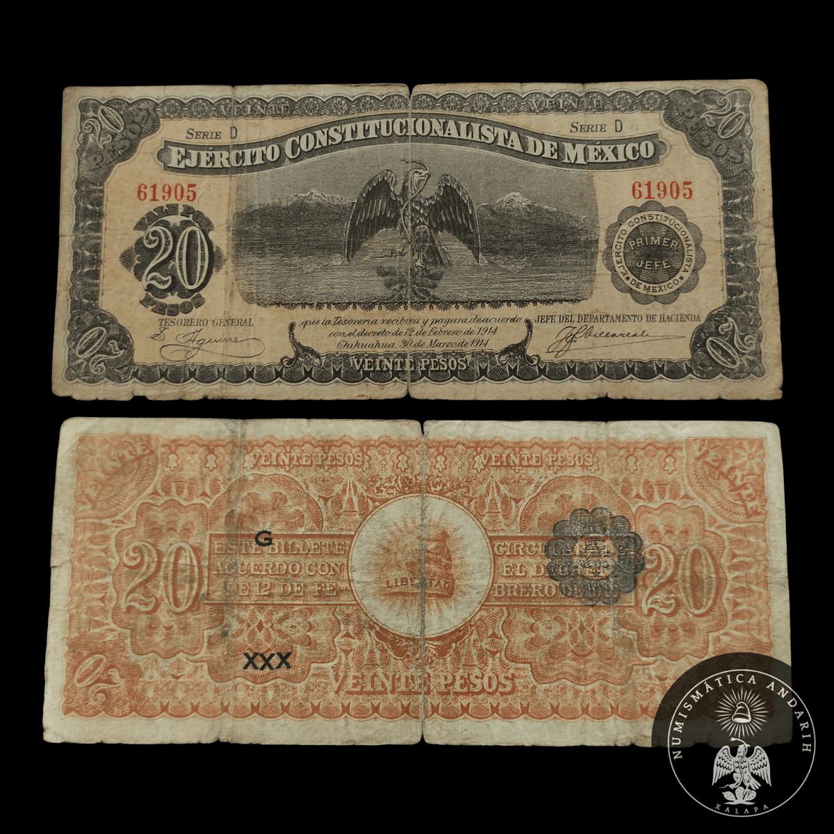 Billete Ejército Constitucionalista de México 20 Pesos Chihuahua 1914