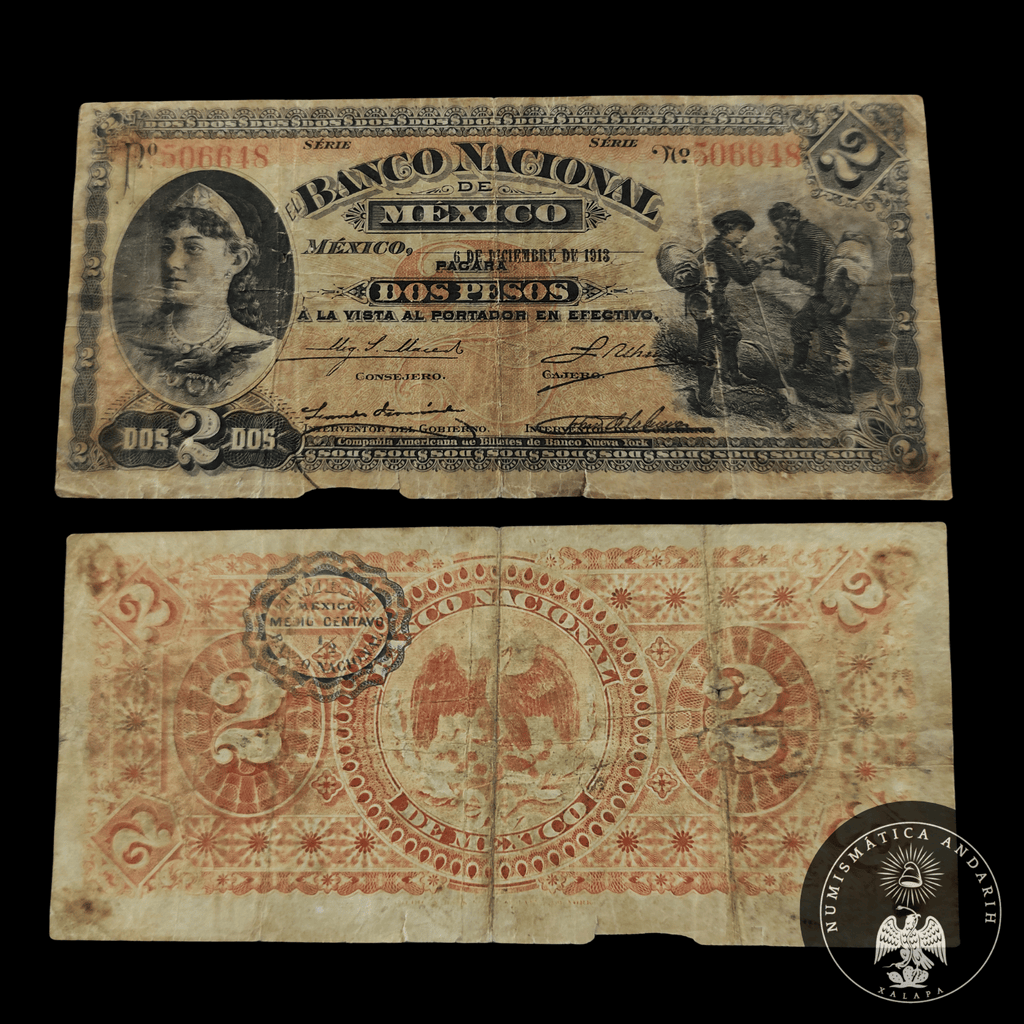 Billete El Banco Nacional de México 2 Pesos 1913