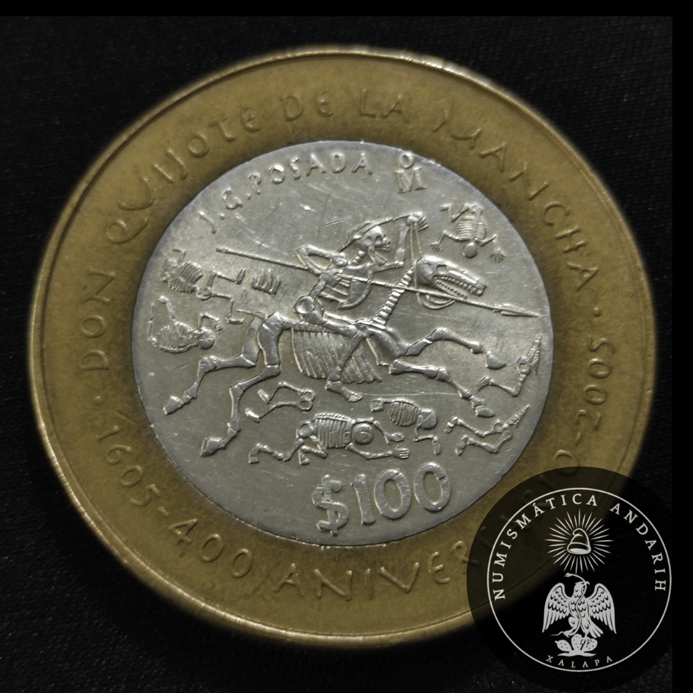 Moneda 100 Pesos Plata Don Quijote de la Mancha Año 2005 México