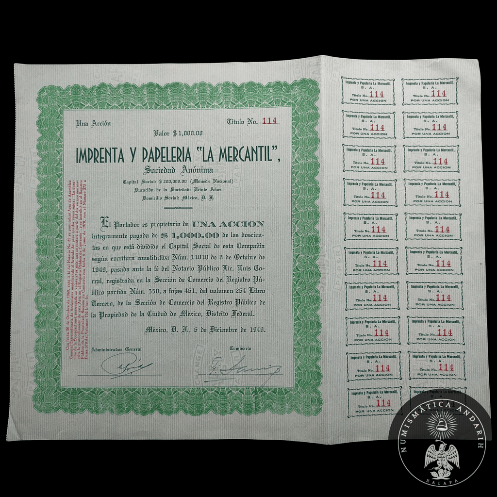 Acción Antigua de Imprenta y Papelería “La Mercantil” año 1949