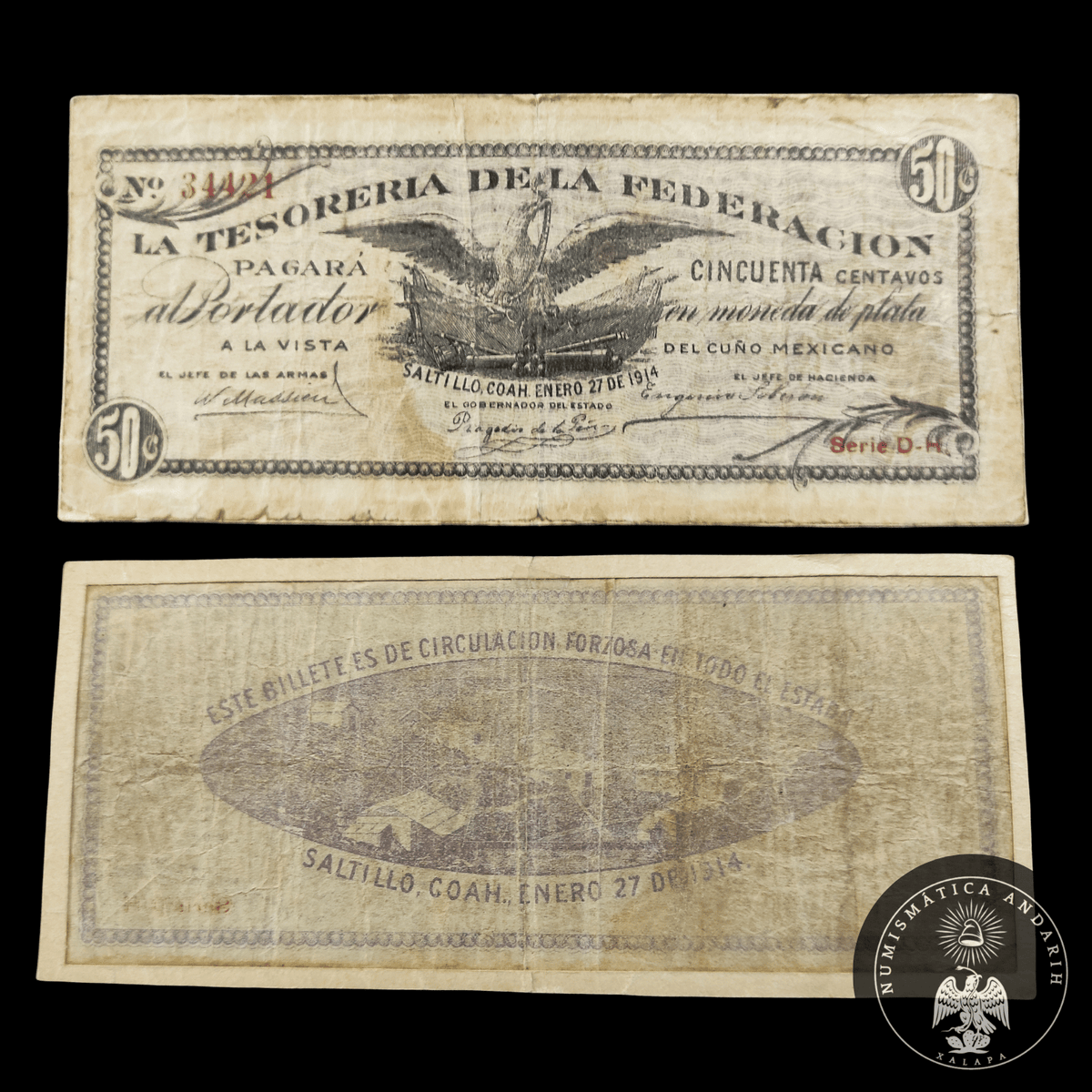 Billete La Tesorería de la Federación 50 Centavos Saltillo 1914