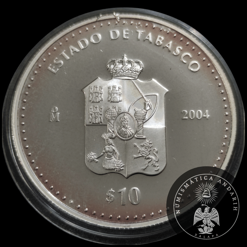 Moneda 10 Pesos Plata Estado de Tabasco Año 2004 1 oz Proof Escaso