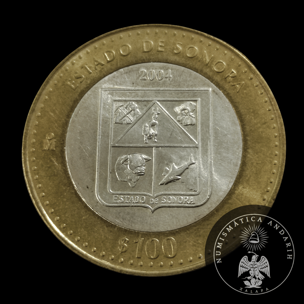 Moneda 100 Pesos Bimetálica Plata Estado de Sonora Año 2004 1a Fase