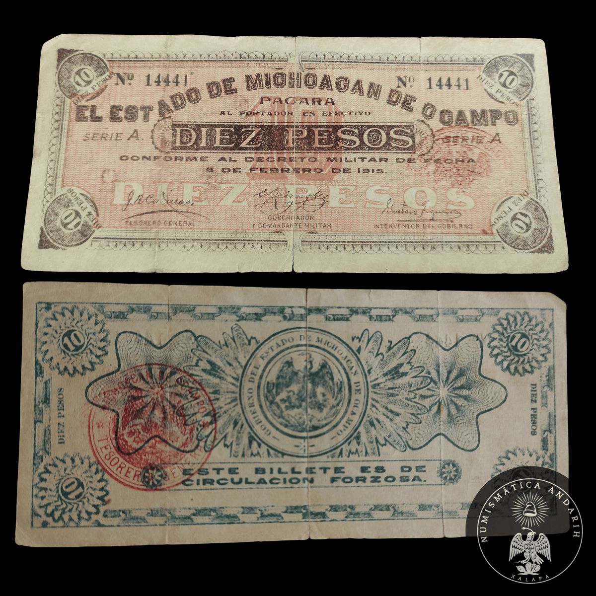 Billete El Estado de Michoacán de Ocampo 10 Pesos 1915