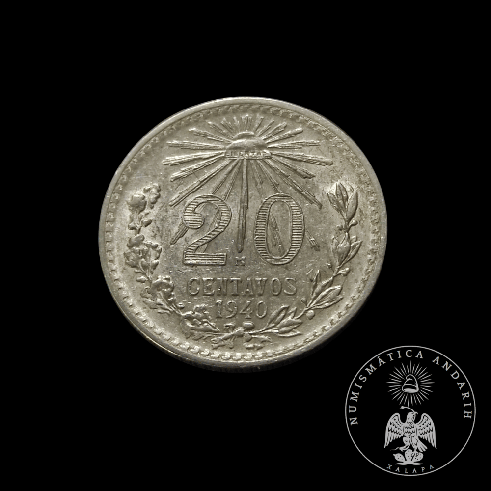 Moneda Plata 20 Centavos Resplandor 1940 Ley .720