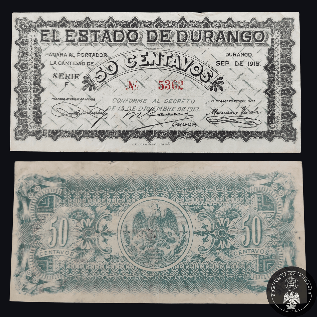 Billete 50 Centavos El Estado de Durango 1915