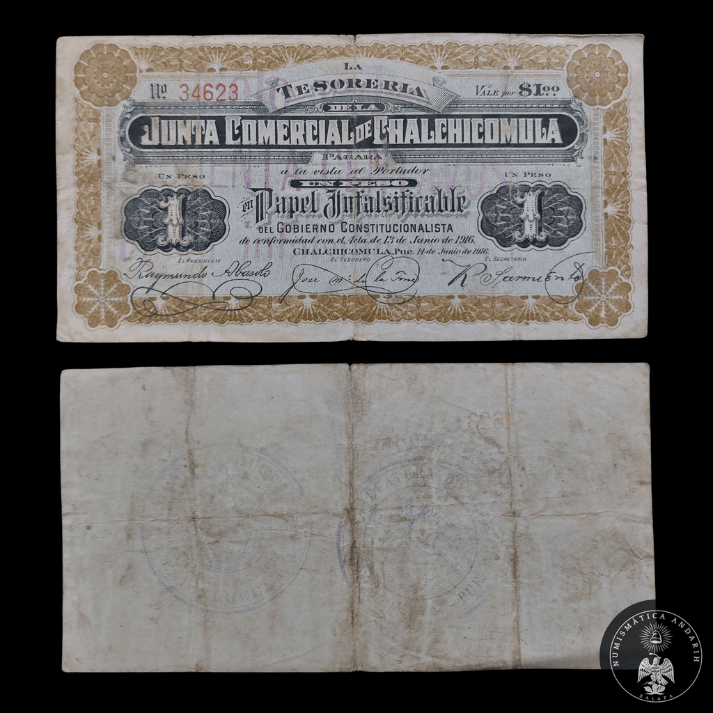 Billete 1 Peso Chalchicomula Puebla 1916 Junta Comercial