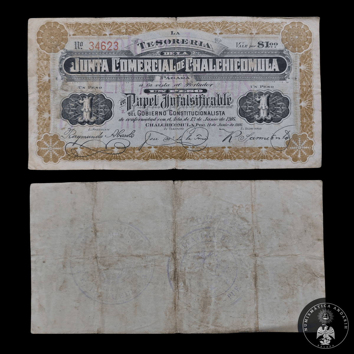 Billete 1 Peso Chalchicomula Puebla 1916 Junta Comercial