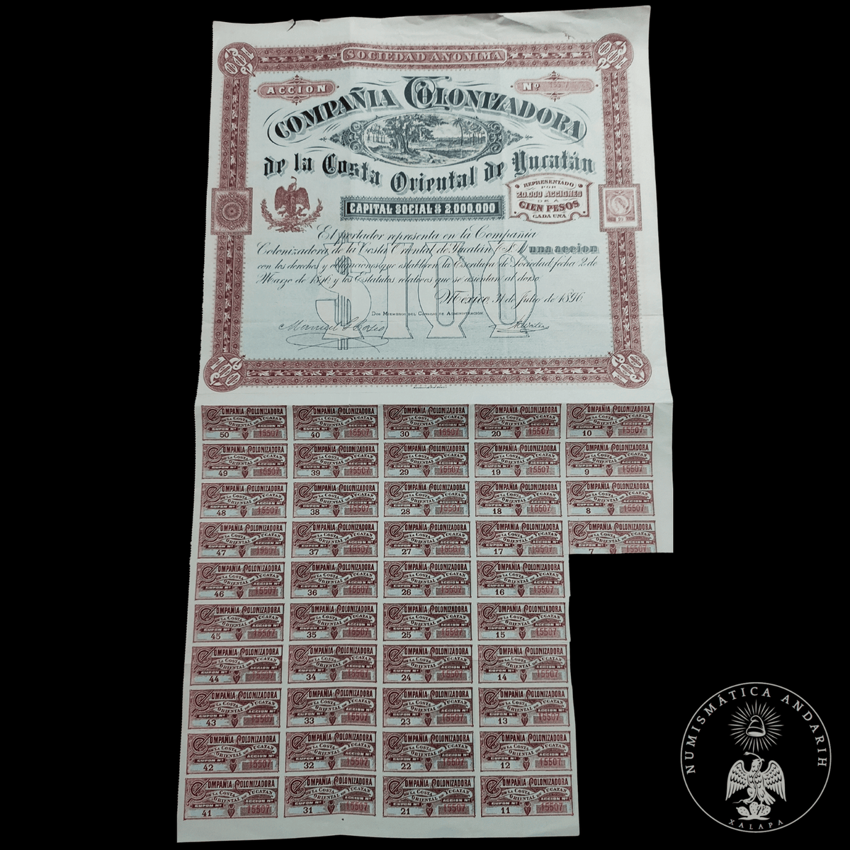 Acción Antigua de la Compañía Colonizadora de la Costa Oriental de Yucatán año 1896