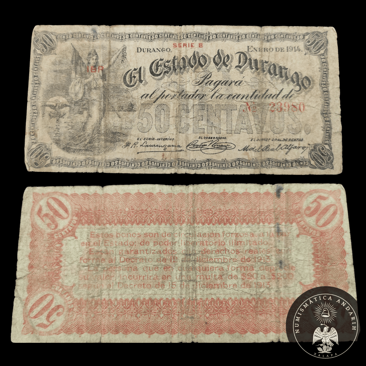 Billete El Estado de Durango Cincuenta Centavos Durango 1914
