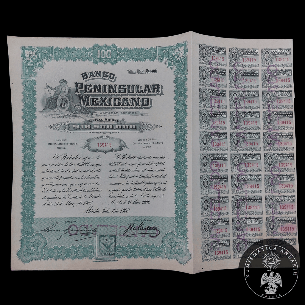 Acción Antigua del Banco Peninsular Mexicano Merida, Yucatan año 1908
